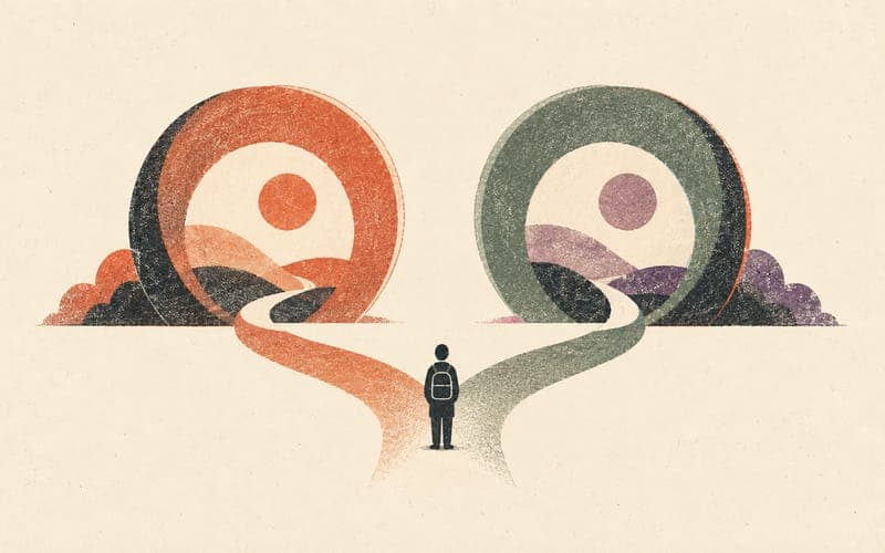 Two psychology registration routes branching after fourth year, one through a professional postgraduate program and one through fifth-year study plus supervised internship, Risograph editorial illustration in deep charcoal, warm cream and terracotta, two balanced paths and minimal faceless figures, visible ink misregistration, no text, no logos