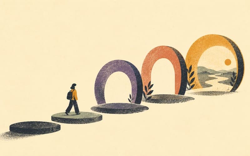 A sequence of university, research and supervised-practice stages arranged along one extended pathway, Risograph editorial illustration in deep charcoal, warm cream and amber, faceless student moving between simple paper and doorway forms, heavy negative space, visible riso grain, no numbers, no text, no logos