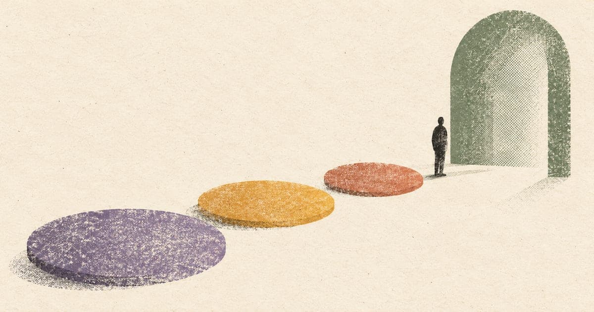 A tiny faceless figure beside a textured arch and ordered stepping stones, suggesting a clear path from evidence to recommendations