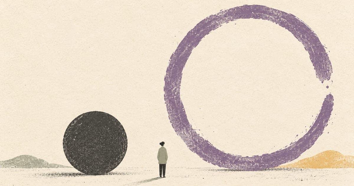A small clinician standing between a grounded charcoal circle and a larger wavering violet ring