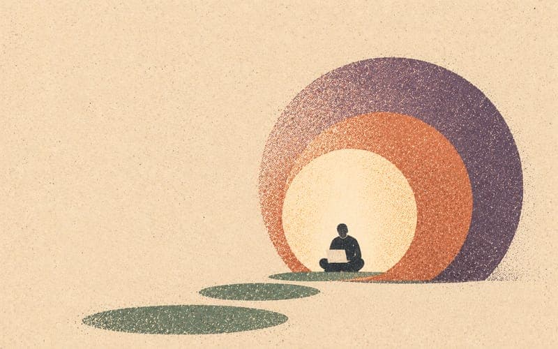 Abstract illustration of a figure with a laptop in a quiet focused moment, representing catching up on the logbook