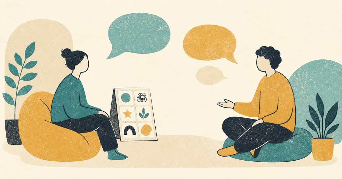 Two figures using low-demand communication with soft speech bubbles and a visual choice board