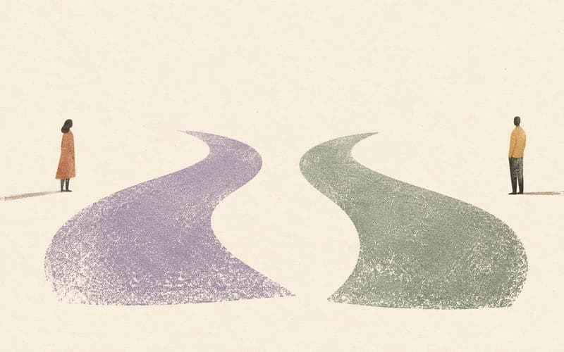 Two small figures beside open curved forms, representing connection with room for choice.