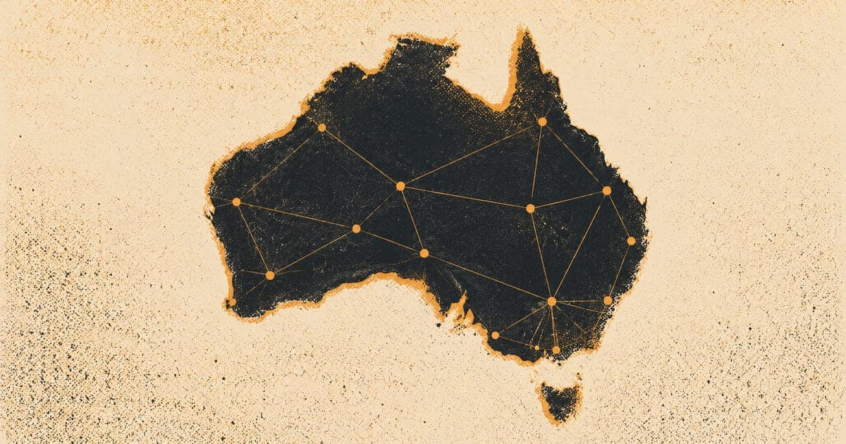 Abstract map of Australia rendered as a network of nodes and connecting lines, Risograph illustration in charcoal and amber on cream