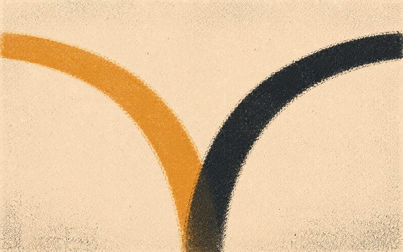 Two diverging path abstractions in Risograph charcoal and amber, gestural and minimal on cream