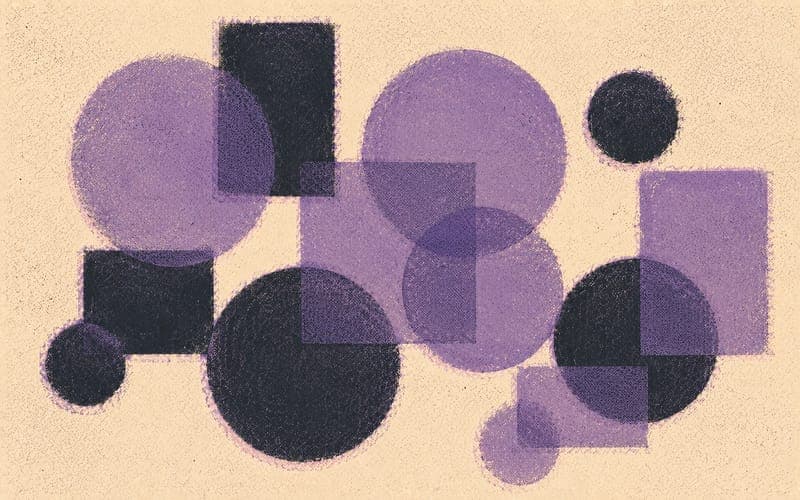 Victoria psychology programs abstract - overlapping circles and institutional marks, Risograph in dusty violet and charcoal on cream
