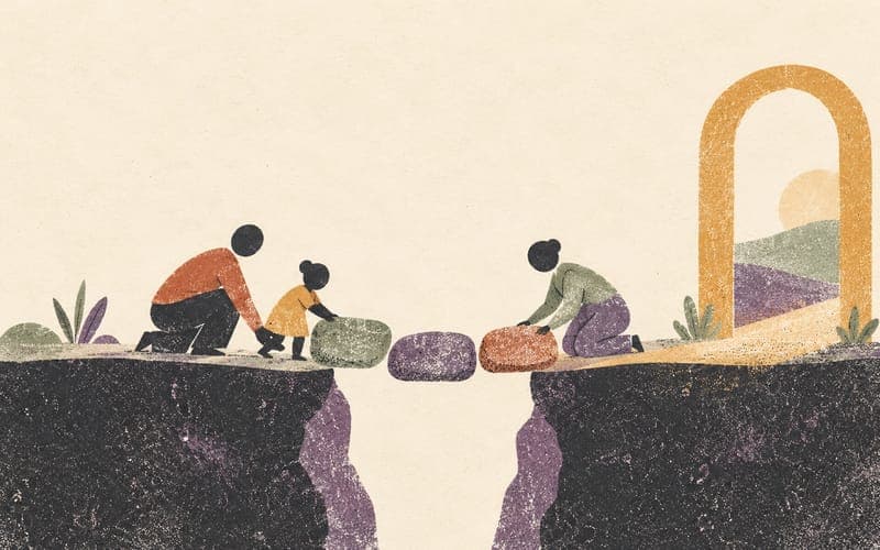 A child, parent and educator placing stepping stones across a gap toward an open arch