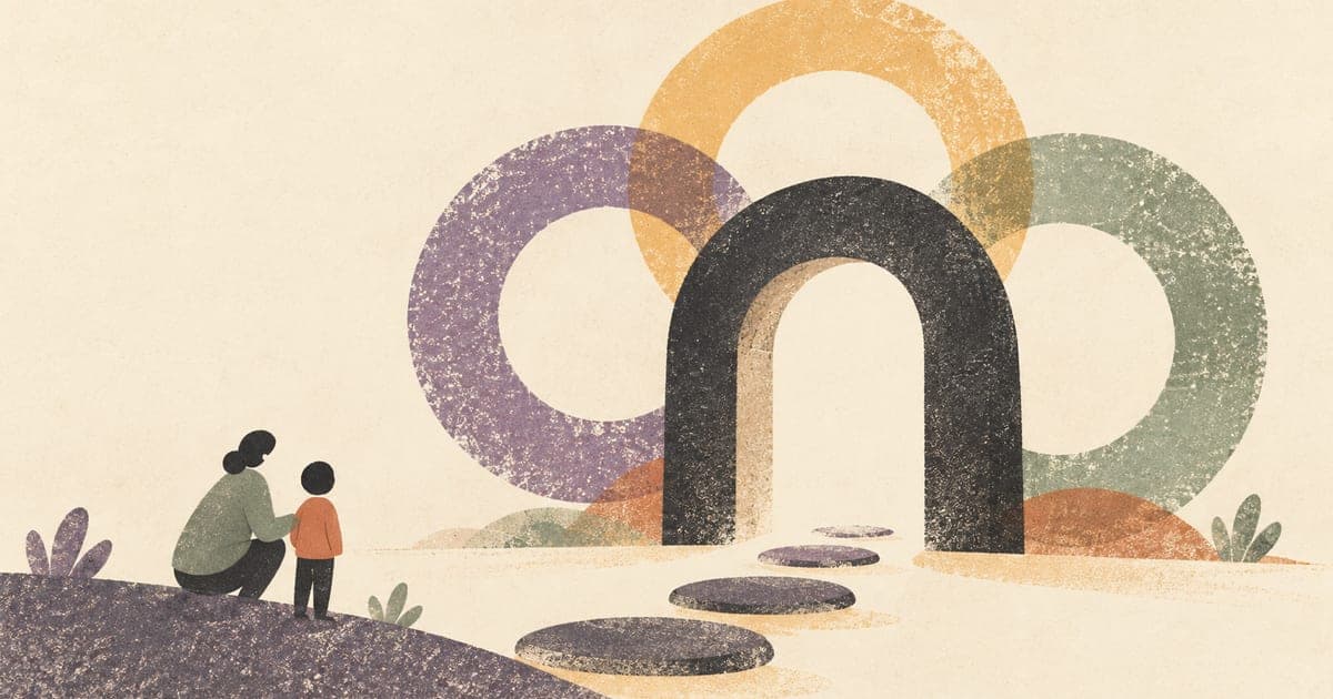 A child and supporting adult facing an open arch, separate textured rings and a pathway of stepping stones