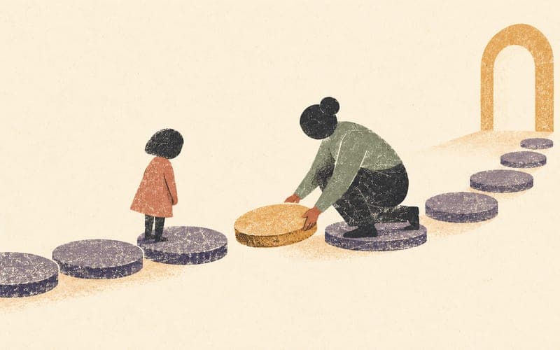 A supporting adult replacing a missing stepping stone so a child's path can continue