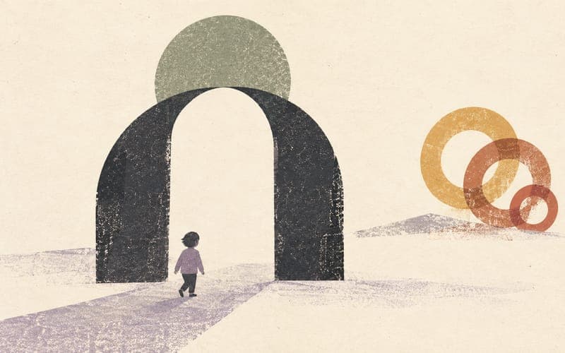 A child approaching a stable open arch while separate textured rings sit in the distance