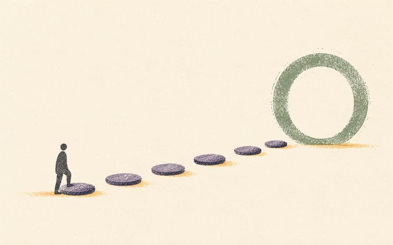 A small figure beside a sequence of circular stepping stones, suggesting regular invoice follow-up