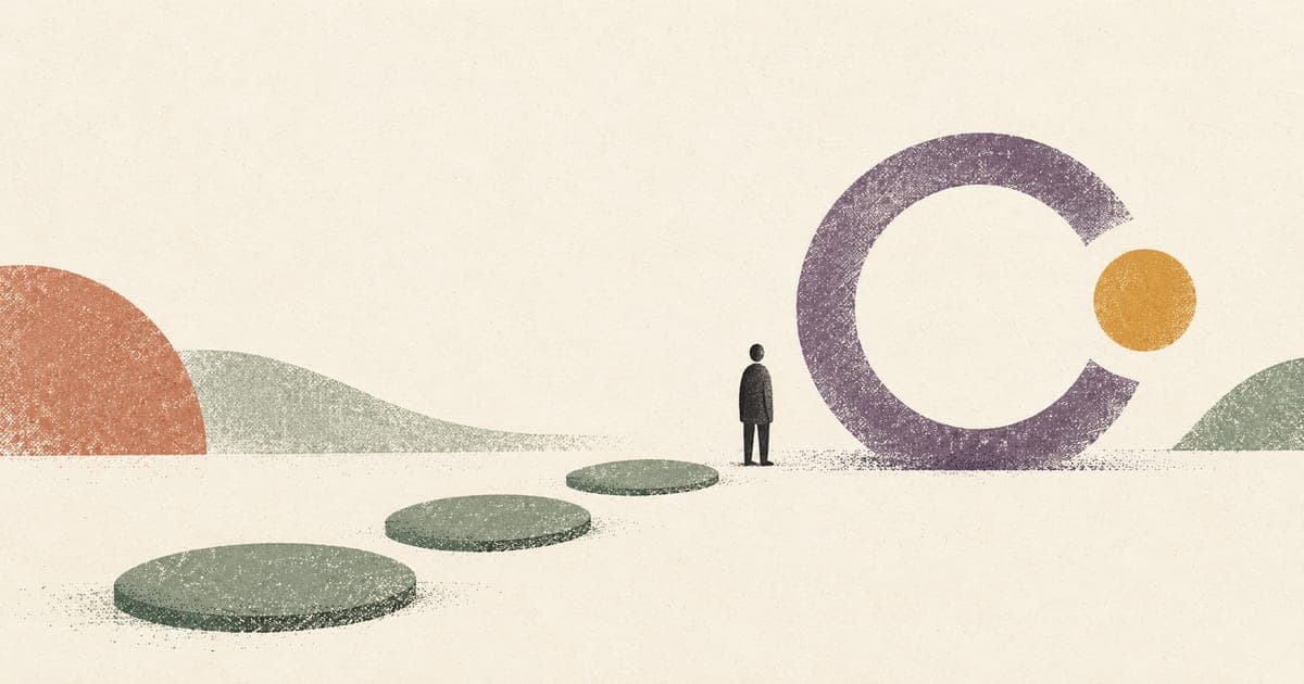 A tiny figure beside an open violet ring, with an amber circle marking a gap and sage stepping stones nearby