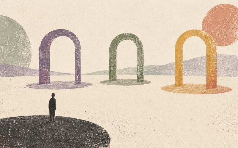 A tiny figure facing three separate violet, sage and amber arches, suggesting distinct pathways