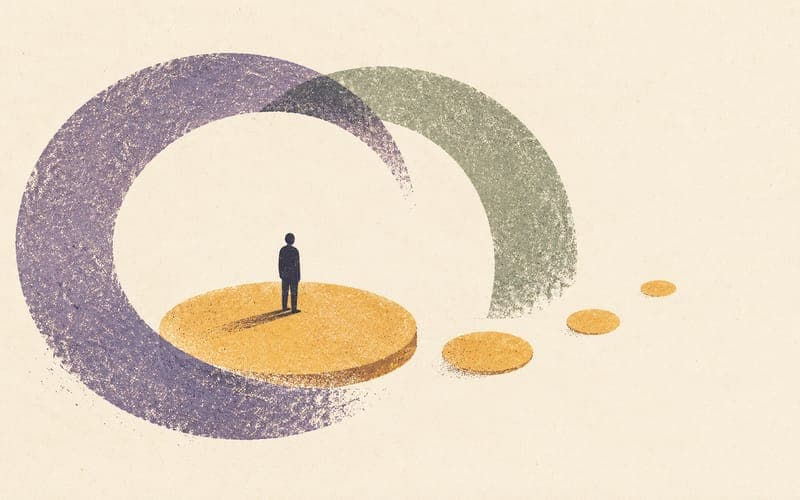 A tiny figure on an amber platform within spacious violet and sage arcs, with an open path ahead