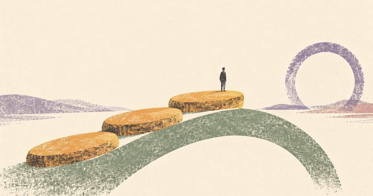 A tiny figure on gently rising amber stepping stones with a visible sage support beneath the path