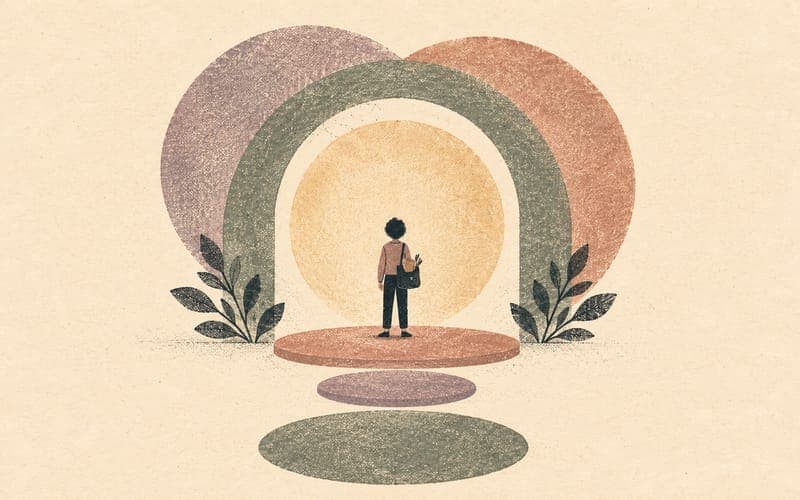 A figure standing grounded and present, surrounded by affirming space, with visible tools of their profession