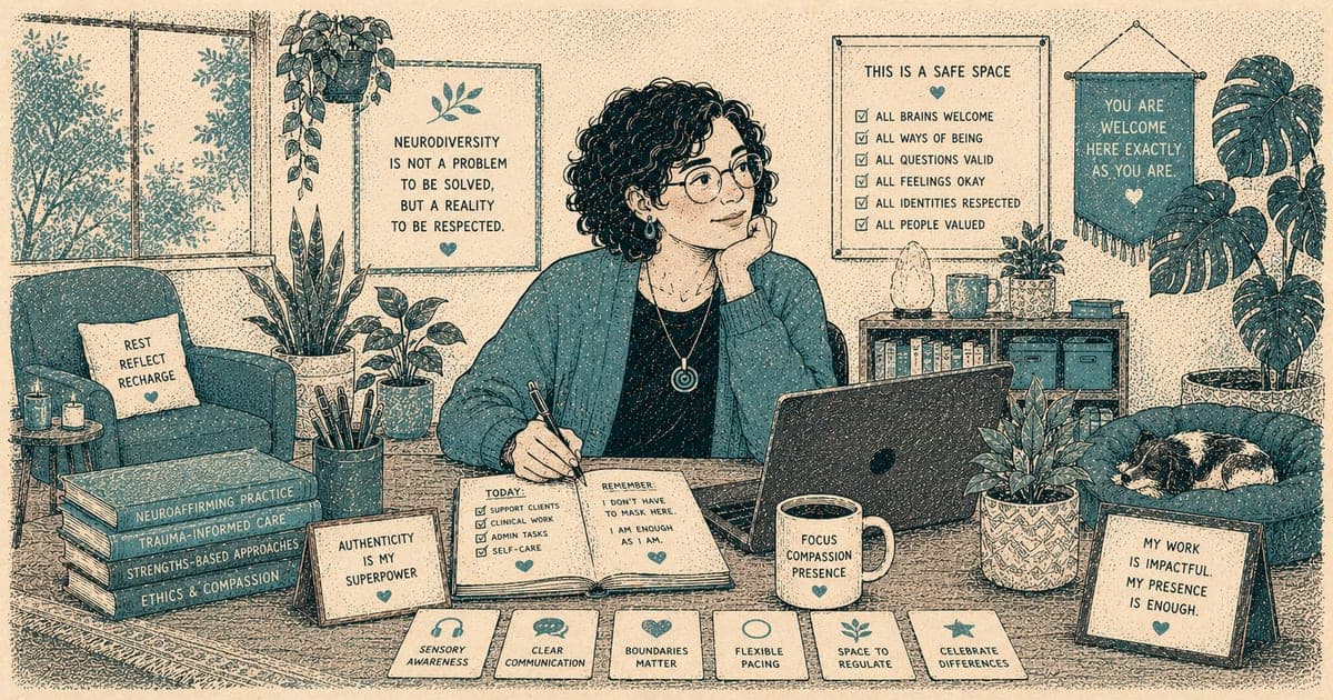 Neurodivergent clinician at a desk with assistive tools and a calm, organised workspace - Risograph illustration