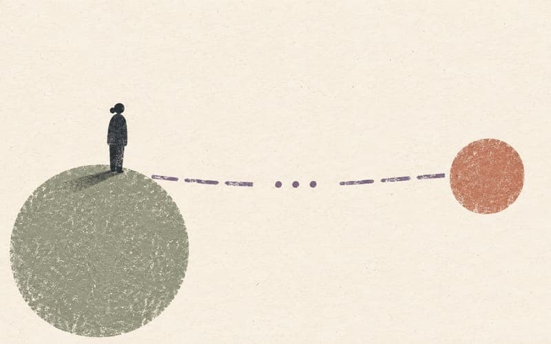 A parent pausing on one grounded circle before returning along a broken line to a second point