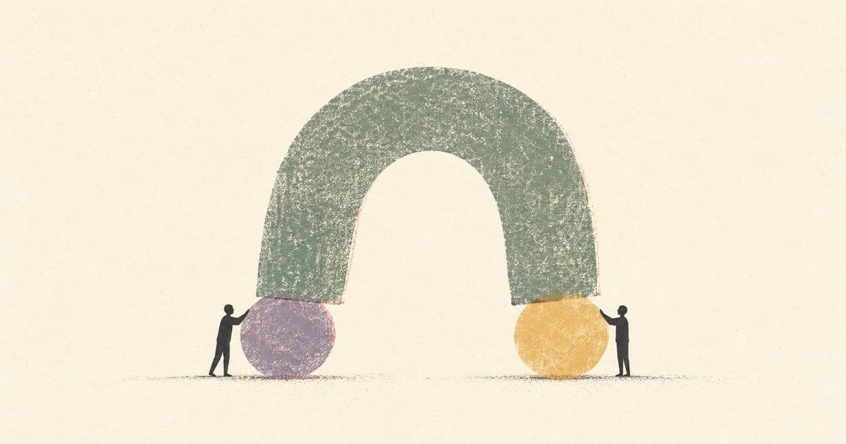 Two small figures beside a large textured arch supported by separate shapes, suggesting the assistance behind everyday functioning
