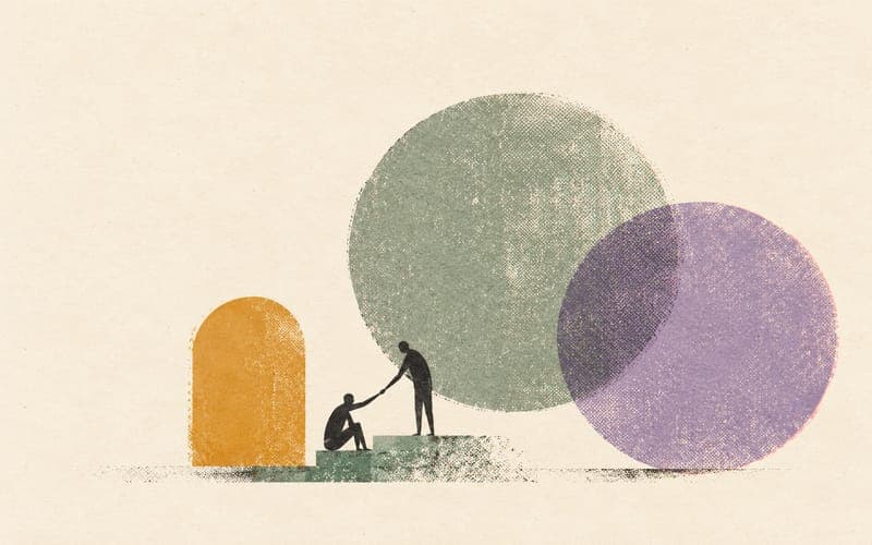 Two small figures beside offset textured shapes, suggesting support that is present but easily overlooked