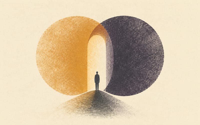 A figure standing at an abstract threshold