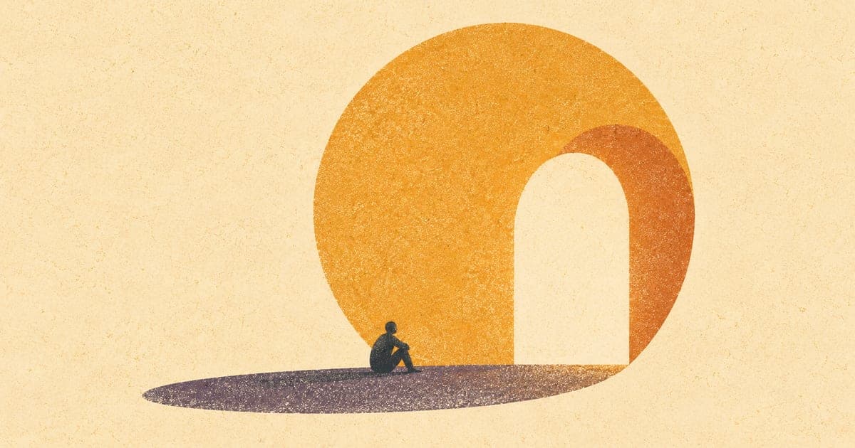 A solitary figure preparing beneath abstract amber and charcoal forms in a textured Risograph illustration