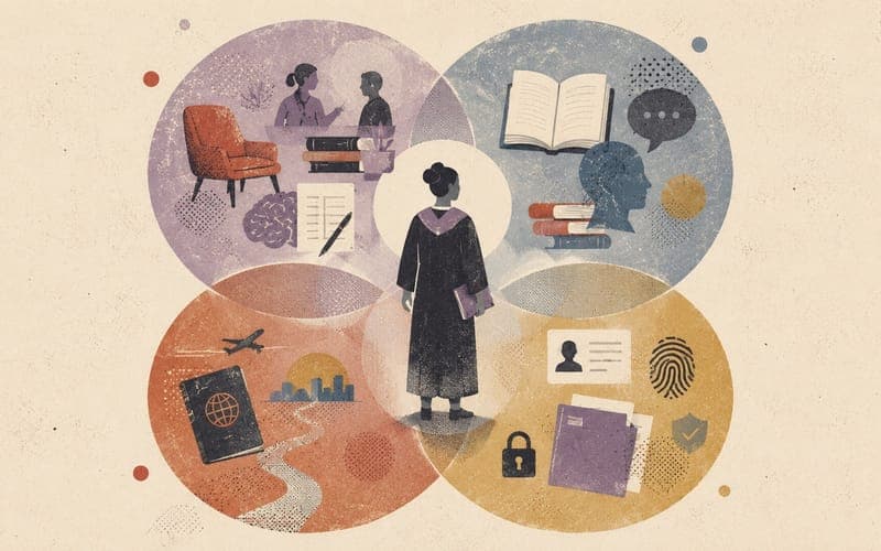One graduate positioned inside overlapping clinical, academic, migration, and identity systems