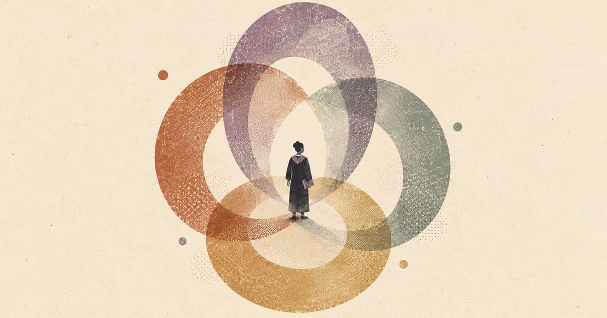 One graduate positioned inside overlapping clinical, academic, migration, and identity systems