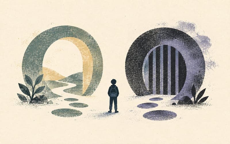 Teen silhouette between approved and age-restricted platform icons, with gates, open pathways, and caution markers, Risograph editorial illustration in dusty blue and charcoal on warm cream