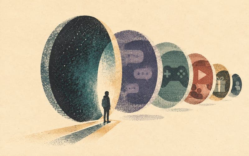 Layered collage of chat apps, game controllers, live stream windows, gift icons, and hidden private-message tunnels, Risograph editorial illustration in teal and charcoal on warm cream