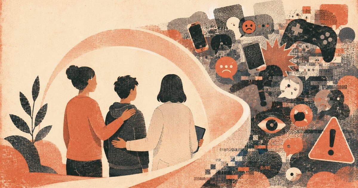 Parent, teenager, and clinician facing a wall of phones, game icons, chat bubbles, and warning symbols, with calm protective shapes cutting through the noise, Risograph editorial i