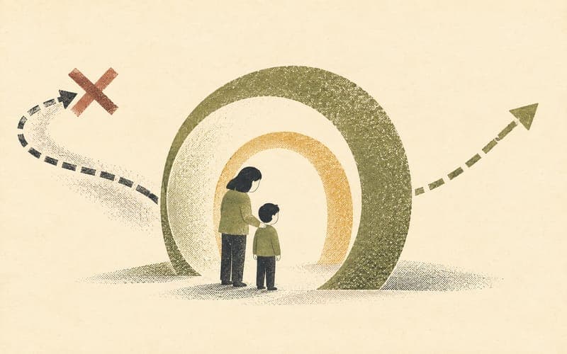 Parent and child reviewing settings on a phone, router, console, and laptop while transparent guardrails and bypass arrows appear around them, Risograph editorial illustration in olive green and charcoal on warm cream