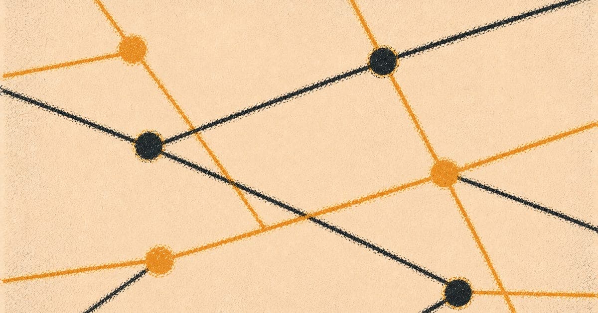 Abstract network of intersecting lines and nodes suggesting organisational systems, Risograph in amber and charcoal on cream