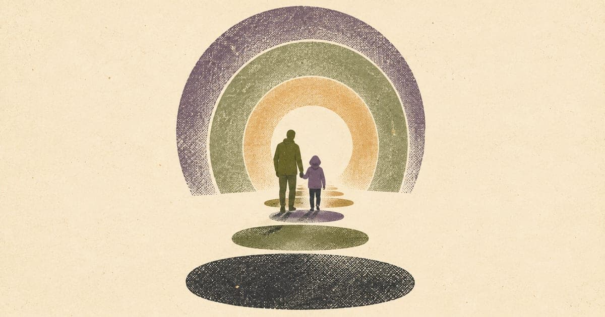 Parent and child reviewing device settings, console controls, and transparent digital guardrails together, Risograph editorial illustration in olive green and charcoal on warm crea