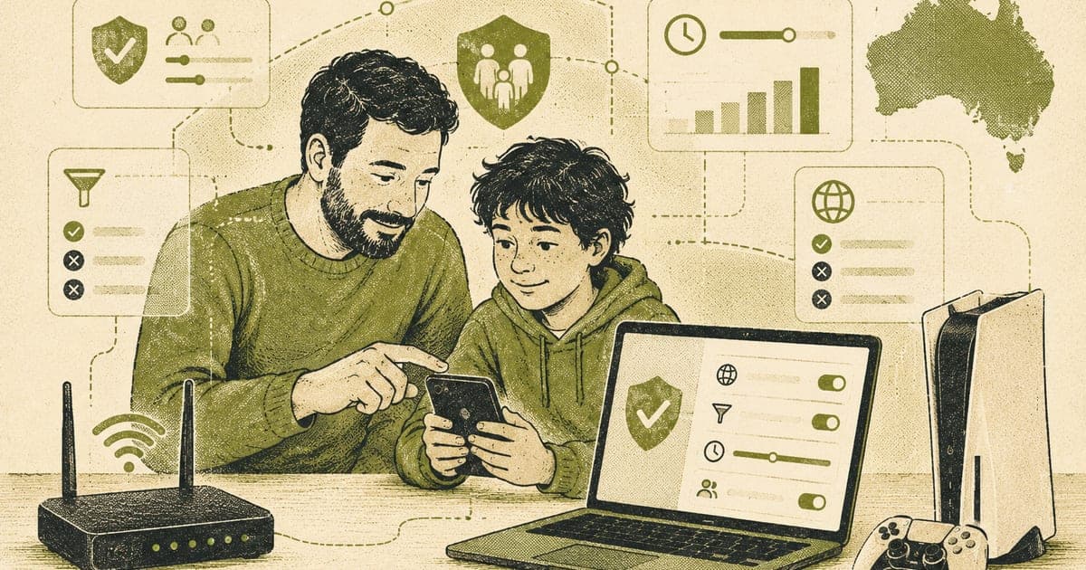 Parent and child reviewing device settings, console controls, and transparent digital guardrails together, Risograph editorial illustration in olive green and charcoal on warm crea