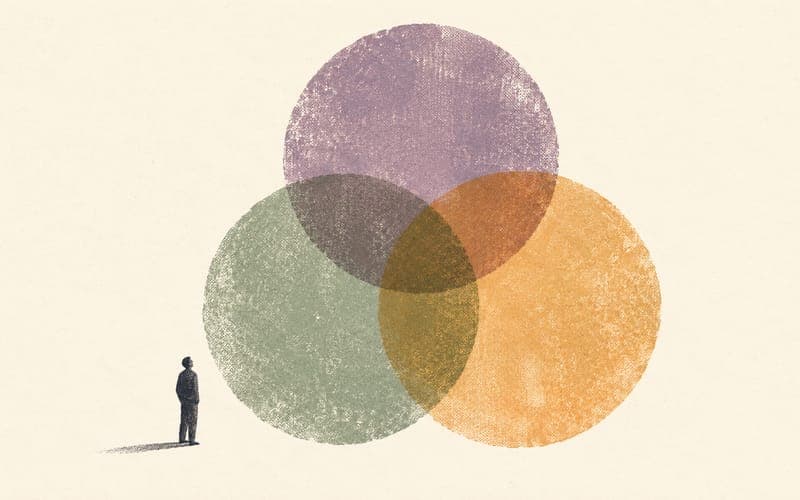 Overlapping textured circles beside a small figure suggest several contexts informing a working formulation.