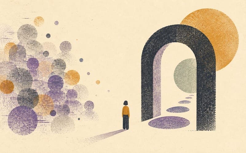 Abstract Risograph illustration of a faceless person surrounded by fading celebrity silhouettes on one side and a coherent patterned world on the other.