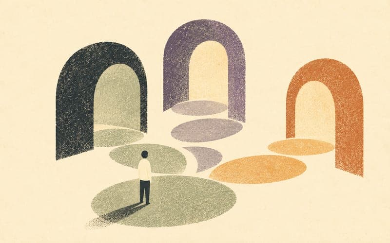 Risograph illustration of a clinician offering several open pathways rather than pushing one heavy arrow toward a client.