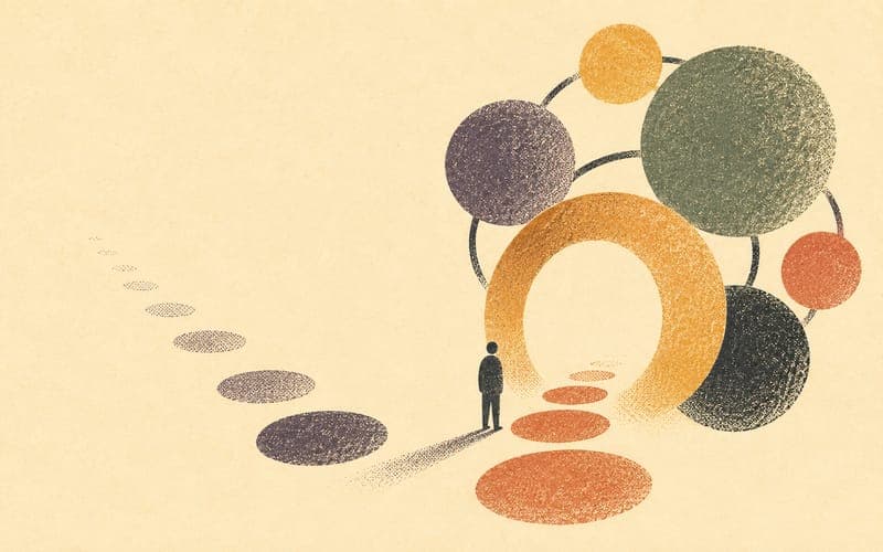 Risograph split-pathway illustration showing an imposed social demand losing weight while a coherent self-chosen system becomes highly connected.