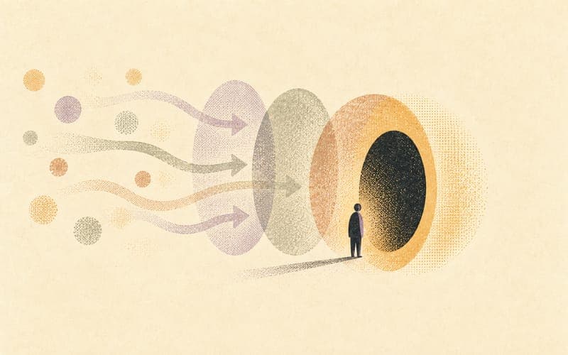 Risograph illustration of social consensus signals arriving as soft external arrows while one internally meaningful pattern becomes dark and sharply weighted.