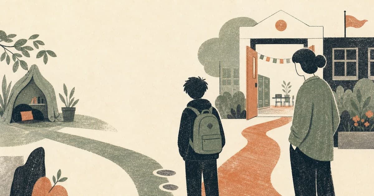 Young person near a school doorway with a calm adult and gentle branching paths