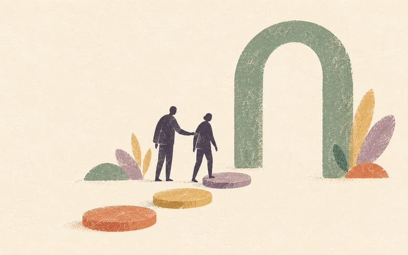 Two small figures near an open arch and spaced stepping stones, suggesting supported arrival at an individual pace.