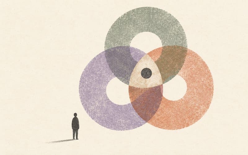 A small figure beside overlapping rings, suggesting the contexts beneath visible behaviour.