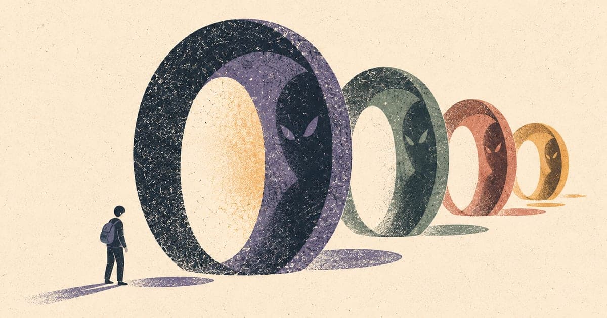 Fake login screens, QR traps, hacked account chains, and malware warning shapes in a sharp editorial collage, Risograph illustration in steel blue and charcoal on warm cream, 16:10