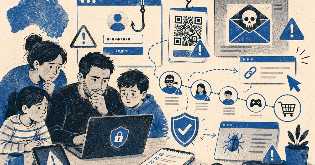 Fake login screens, QR traps, hacked account chains, and malware warning shapes in a sharp editorial collage, Risograph illustration in steel blue and charcoal on warm cream, 16:10