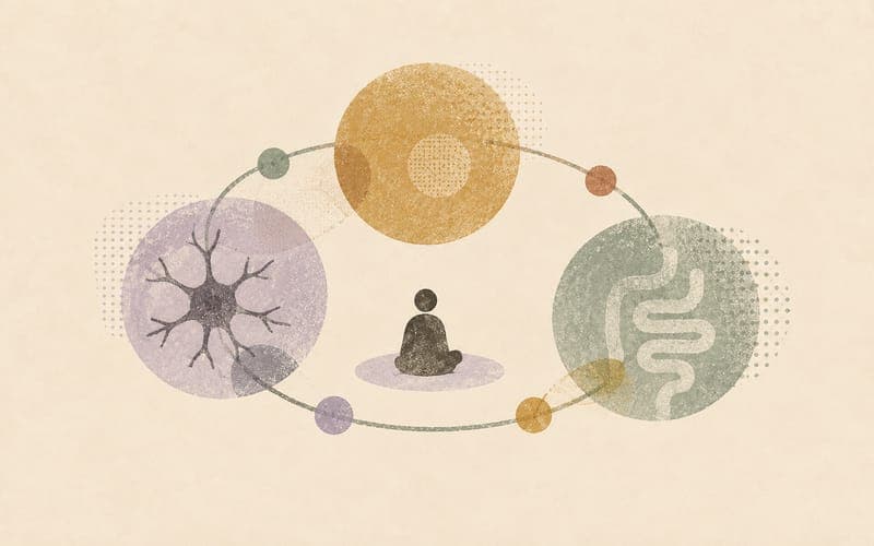 Body systems shown as connected hormonal, immune, gut, and stress pathways