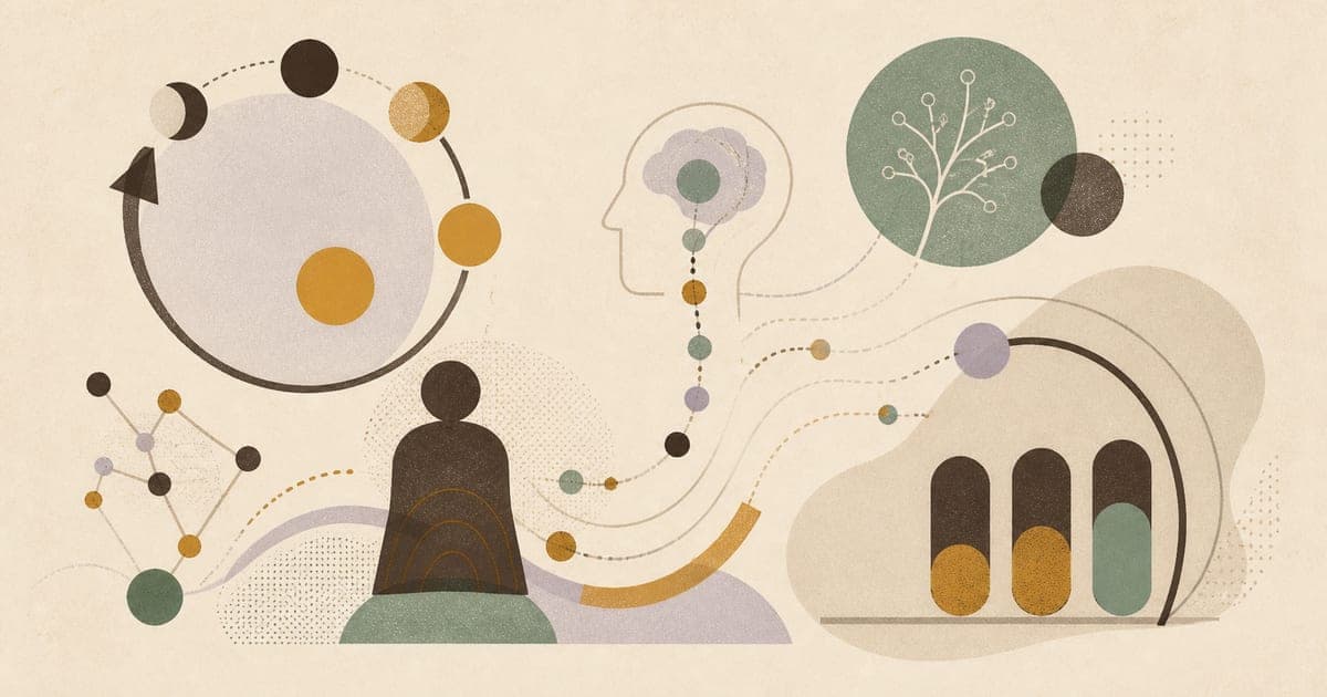 Abstract risograph illustration of hormonal cycles, brain regulation, body systems, and neurodivergent capacity