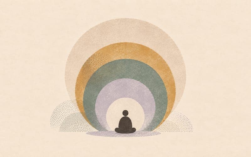 Layered treatment supports shown around a calm abstract figure