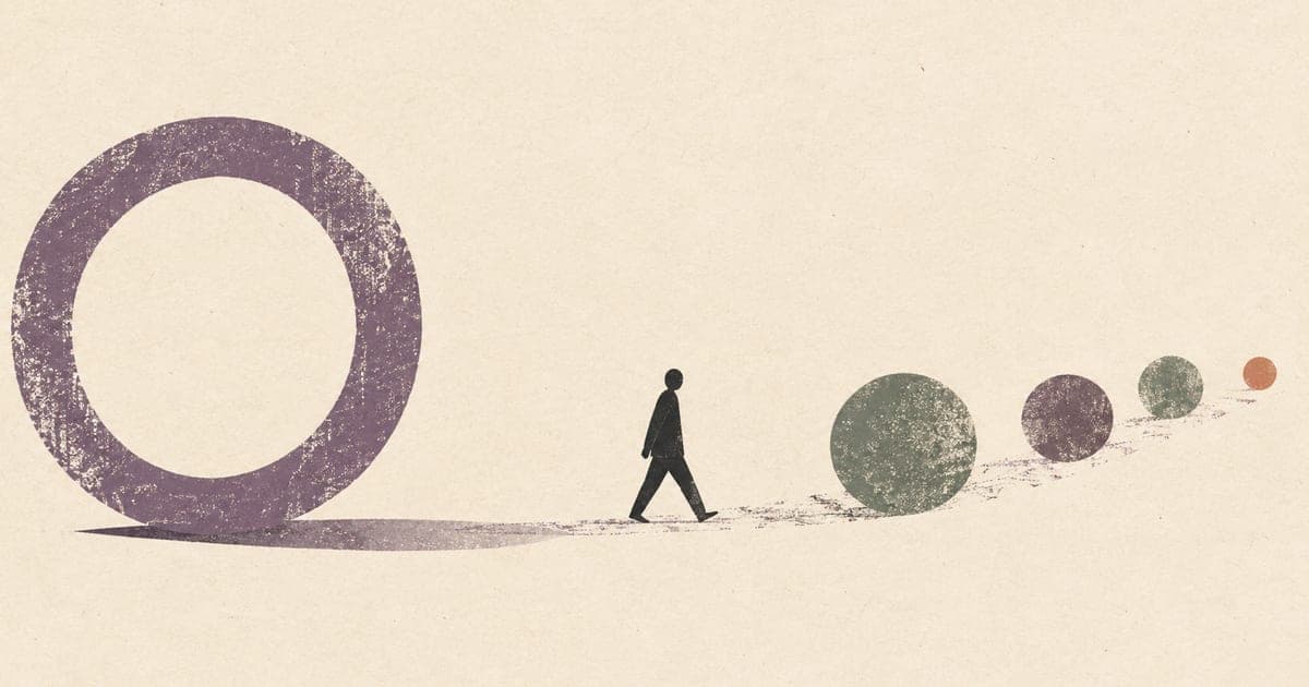 A tiny figure leaving an open ring while a large textured circle remains behind