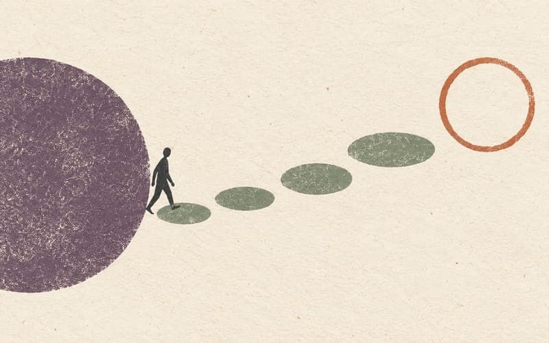 A tiny figure moving from a dense circle onto a short sequence of spacious stepping stones, representing a planned transition out of therapy